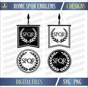 May include: Black and white digital designs featuring Roman SPQR emblems. The designs include banners and circular emblems with laurel wreaths. The text "ROME SPQR EMBLEMS" and "4 DESIGNS" are visible.