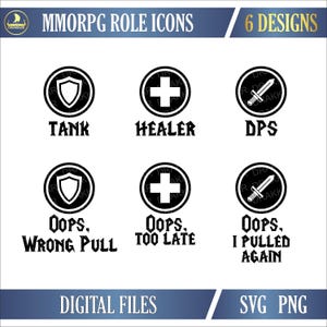 MMORPG Role Icons Bundle | 6 SVG PNG Funny Gaming Cut Files | Tank Healer Dps Clipart for Cricut, Sublimation & Crafting Projects