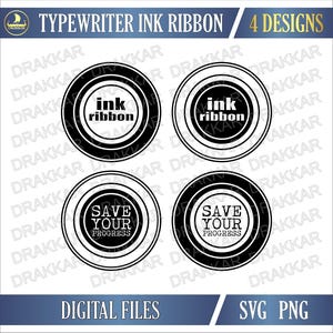 Può includere: Grafica digitale con quattro disegni circolari per nastri inchiostro per macchina da scrivere. Due disegni riportano "ink ribbon" e due "save your progress". I disegni sono in bianco e nero con un'estetica vintage.