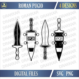 May include: Four black and white Roman Pugio dagger designs. Each dagger features a distinct blade shape and handle design. The word "SPQR" is visible on two of the daggers. The image includes the text "Roman Pugio", "4 Designs", "Digital Files", and "SVG PNG".