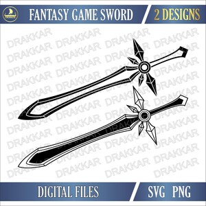 Puede incluir: Dos diseños de espadas de juego de fantasía negras. Las espadas tienen intrincados detalles de empuñadura y hoja. La imagen incluye el texto "FANTASY GAME SWORD" y "2 DESIGNS". La parte inferior de la imagen incluye el texto "DIGITAL FILES" y "SVG PNG".