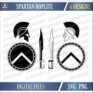 May include: Black and white digital designs featuring Spartan hoplite elements. Includes illustrations of helmets, shields, and swords. The text reads "SPARTAN HOPLITE", "6 DESIGNS", "DIGITAL FILES", and "SVG PNG".