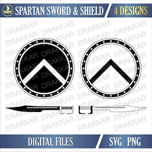 Puede incluir: Archivos digitales con diseños de espada y escudo espartanos. La imagen muestra dos escudos redondos con un galón negro sobre fondo blanco y dos espadas. El texto incluye "SPARTAN SWORD & SHIELD", "4 DESIGNS", "DIGITAL FILES", "SVG PNG".