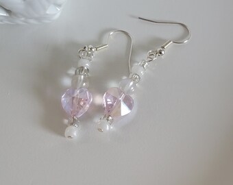 Pink glass heart earrings.