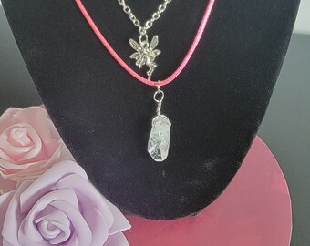 Quartz and fairy double necklace. Pink and silver.