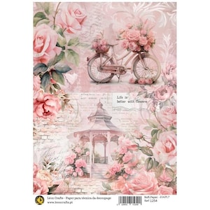 Romántico Decoupage A4 Hoja de rosas rosadas Papel de arroz Diario Artesanía Decopaper Scrapbooking Vintage Shabby Chic DIY Madera Tela Arte Bicicleta