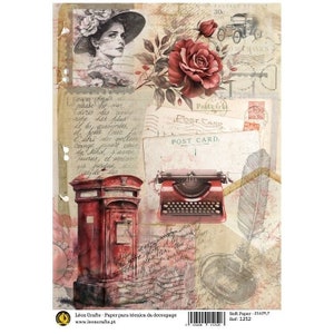 Folha de papel romântico a4 com letras vermelhas, papel de arroz, decoupage, artesanato, scrapbooking, vintage, chique, faça você mesmo, senhora, tecido de madeira, arte