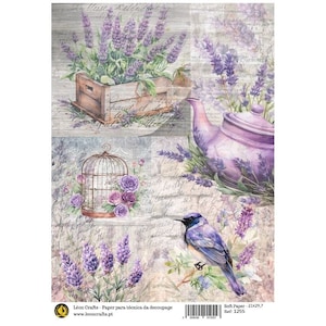 Lavanda A4 Hoja de flores púrpura Papel de arroz Diario Artesanía Decopaper Scrapbooking Tela de madera Arte Pájaro Naturaleza Vintage Shabby Chic DIY