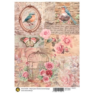 Folha de papel de arroz floral pássaro a4, hobby, decoupage, artesanato, tecido de madeira, primavera, flor, inspirador, vintage, chique, diário