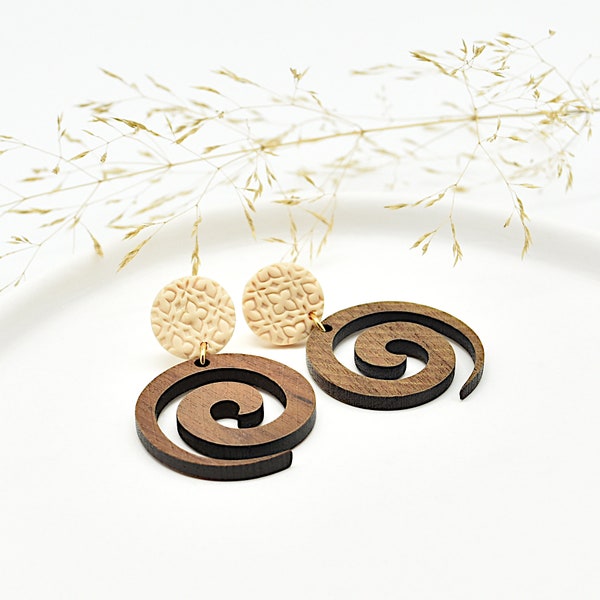 HANGING EARRINGS WOOD | Spanish Tile Pattern, Spiral, Circle, Statement Earrings, 18K Gold Plated, Lightweight, Natural, Polymer Clay