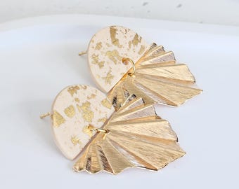 TRIANGLE DANGLING EARRINGS | Geometric semicircle, 18K gold-plated, beige, statement earrings, polymer clay, lightweight, girlfriend gift