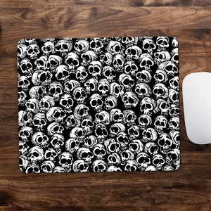 Skulls Goth Pattern Computer Mouse Mat, PC Desktop Laptop Dark Gothic Mouse Pad, Skeleton Death Black Desk Mat, Creepy Emo Punk Girl Gift
