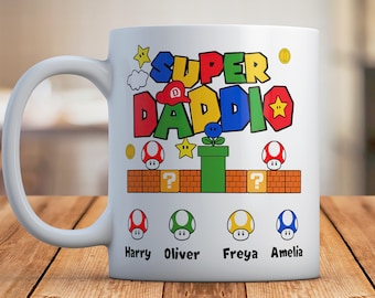 Super Daddio Personalised Mug, Gamer Dad Cup Gift, Custom Name Father's Day Gift, Funny Mario Birthday Gift for Dad, Gaming Gift for Daddy