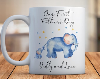 Our First Father's Day Elephant Personalised Mug, Customised Mug with Name for New Dad, Custom Father's Day Gift from Baby, New Dad Gift Cup