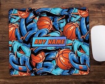 Basketball Street Art Style Personalised Mouse Pad, PC Laptop Computer Mouse Mat with Name Text or Initials, Sports Game Player Gift