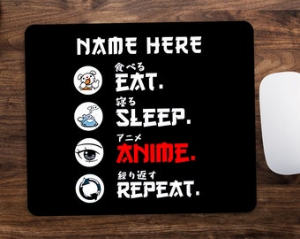 Eat Sleep Anime Personalised Mouse Pad, Anime Otaku Kawaii Computer Custom Mouse Mat with Name, Japanese Anime Manga Lover Cumised Gift