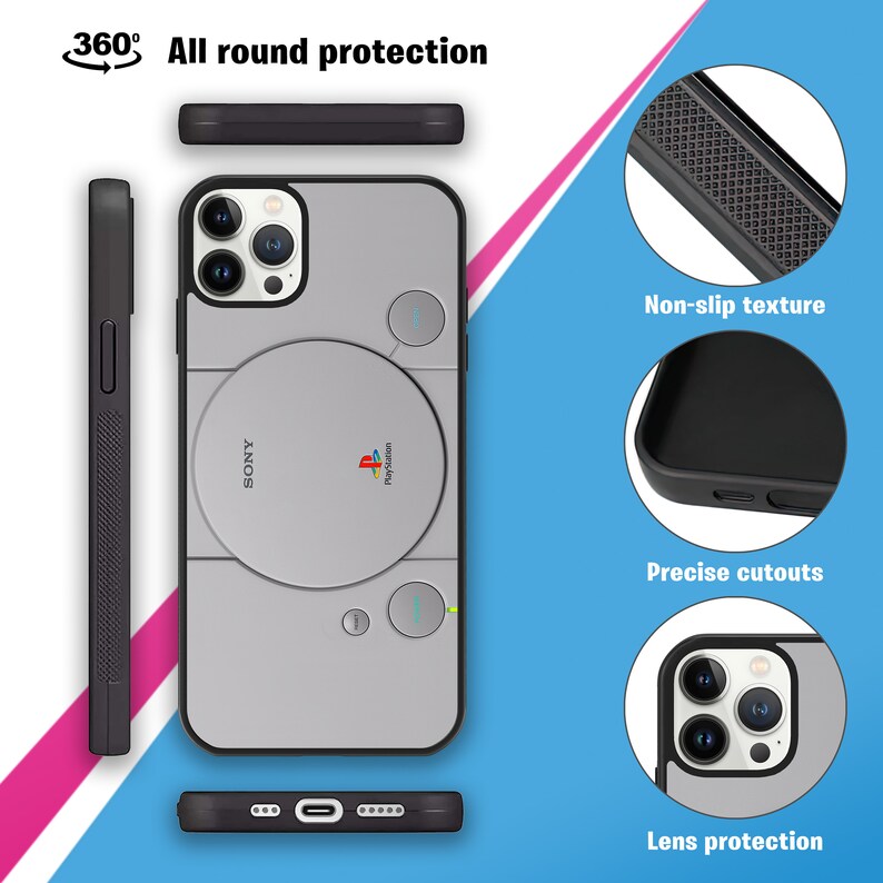 May include: A gray and black phone case with a PlayStation logo and the words "SONY" and "PlayStation". The case has a non-slip texture and precise cutouts for the phone's buttons and camera.