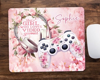 Personalised Gamer Girl Pink Roses Floral Mouse Pad, PC Laptop Computer Mouse Mat with Name, Custom Gaming Desk Accessories Gift for Girls.