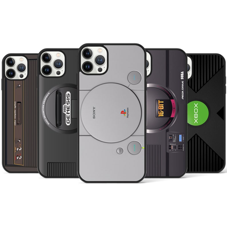 May include: Five different phone cases with retro video game console designs. The cases are black, gray, and green with the logos for Sega Genesis, Playstation, Sega Mega Drive, and Xbox.