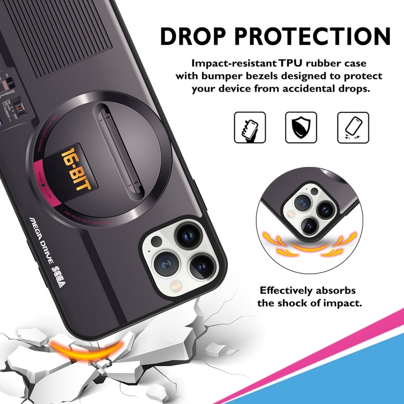 May include: A black phone case with a Sega Mega Drive design. The case has a raised, circular design with the text "16-BIT" and "MEGA DRIVE SEGA". The case is shown being dropped onto a cracked surface, with a graphic showing the phone case absorbing the impact.