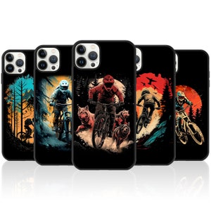 May include: Set of five phone cases featuring a mountain biking theme. Each case has a different design with a biker, wolves, and a sunset background.