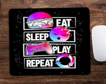 Eat Sleep Play Repeat funny Computer Mouse Mat, PC Desktop Laptop Mouse Pad, Gamer Girl or Boy Birthday Gift, Video Game Player Gaming Gift
