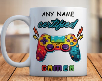 Personalised Gamer Mug, Certified Gamer Custom Name Personalised Cup, Gaming Controller Video Game Gift with Text Controller Gift for Gamers