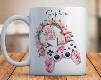 Personalised Gamer Girl Pink Roses Floral Coffee Mug, Gaming Girl Custom Name Cup, Girl Gamer Gift,  Gaming Gift For Her, Gaming Legend Mug