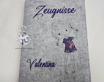 Folder for certificates embroidered with name and girl motif including transparent covers folder