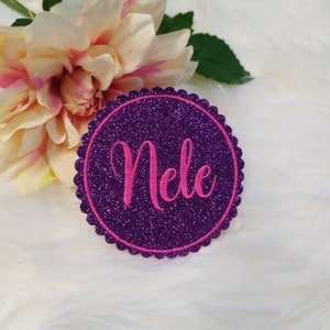 Magnet Schulranzen Klettie / Aufnäher / Bügelbild mit Name  Glitzer