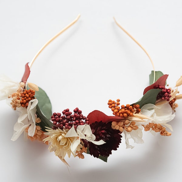 Serre tête bandeau en fleurs séchées pour mariage baptême ou évènement terracotta prune crème saumon