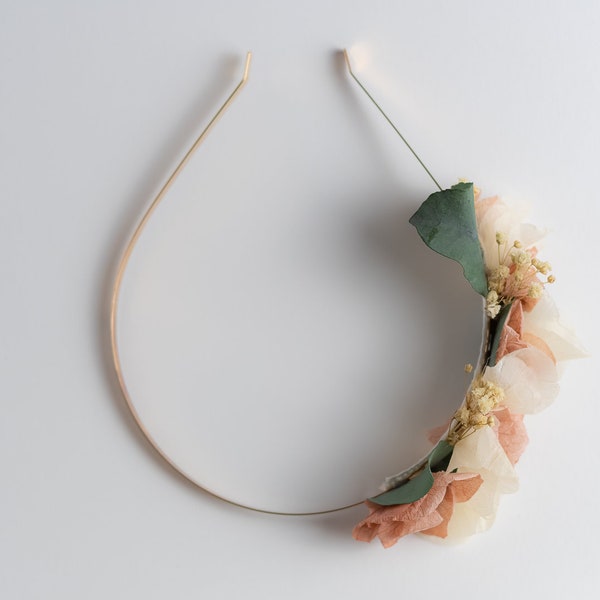 Pink and white asymmetrical preserved dried flower crowns for weddings and events