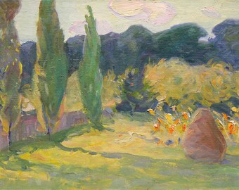 Over the obelisk oil on cardboard Ukrainian painter by Ivan Tyukha 1920 \u2013 2000 landscape painting Original vintage