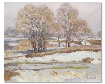 Paesaggio invernale ucraino: dipinto a olio originale d'epoca di Olexandr Mynka