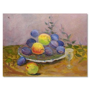 Original Vintage | Pintura a Óleo sobre Papelão | Natureza Morta Vibrante | Maçãs e Ameixas