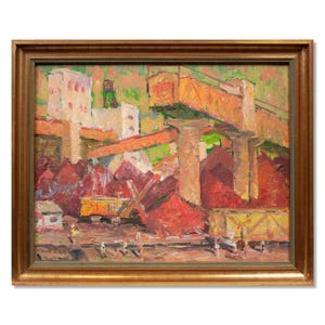 Rustykalny obraz krajobrazu przemysłowego | Oryginalny vintage | Obraz olejny na tekturze