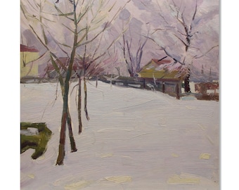 A.バニョク 冬の風景 油彩画 1978年 油絵の風景画オリジナル、ボール紙に描いた油絵、雪に覆われた冬の風景