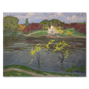 Captivating Original Vintage River Art: Overflowing Banks in Spring - Oil on Canvas by Vasyl Baranov