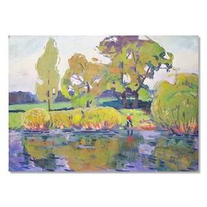 Escena serena en un río con un hombre pescando / Pintura al óleo sobre cartón / Artista ucraniano Ivan Tyukha