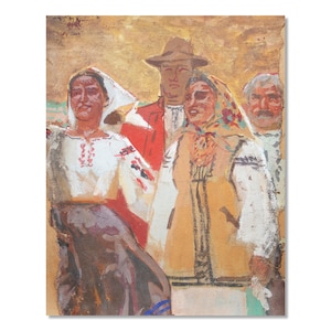 Pintura de género ucraniano / Arte del realismo socialista vintage / Gouache / óleo sobre cartón / Artista ucraniano
