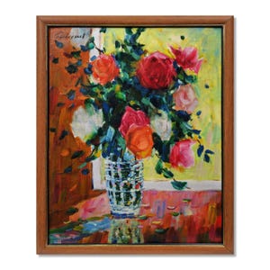 Pintura al óleo original vintage / Naturaleza muerta con rosas rojas de Fedir Bezverkhnev