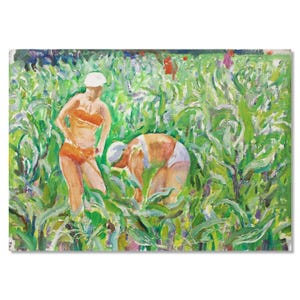 Pintura de Gênero Vintage | Paisagem Rural com Mulheres Trabalhando no Jardim | Artista Ucraniano Vasyl Makatukha
