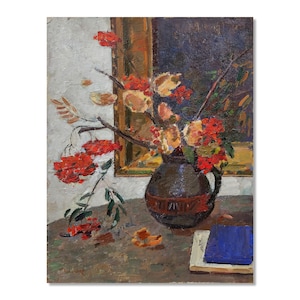 Pintura ucraniana antigua / Naturaleza muerta con serbal rojo / Obra original de Grigory Shponko