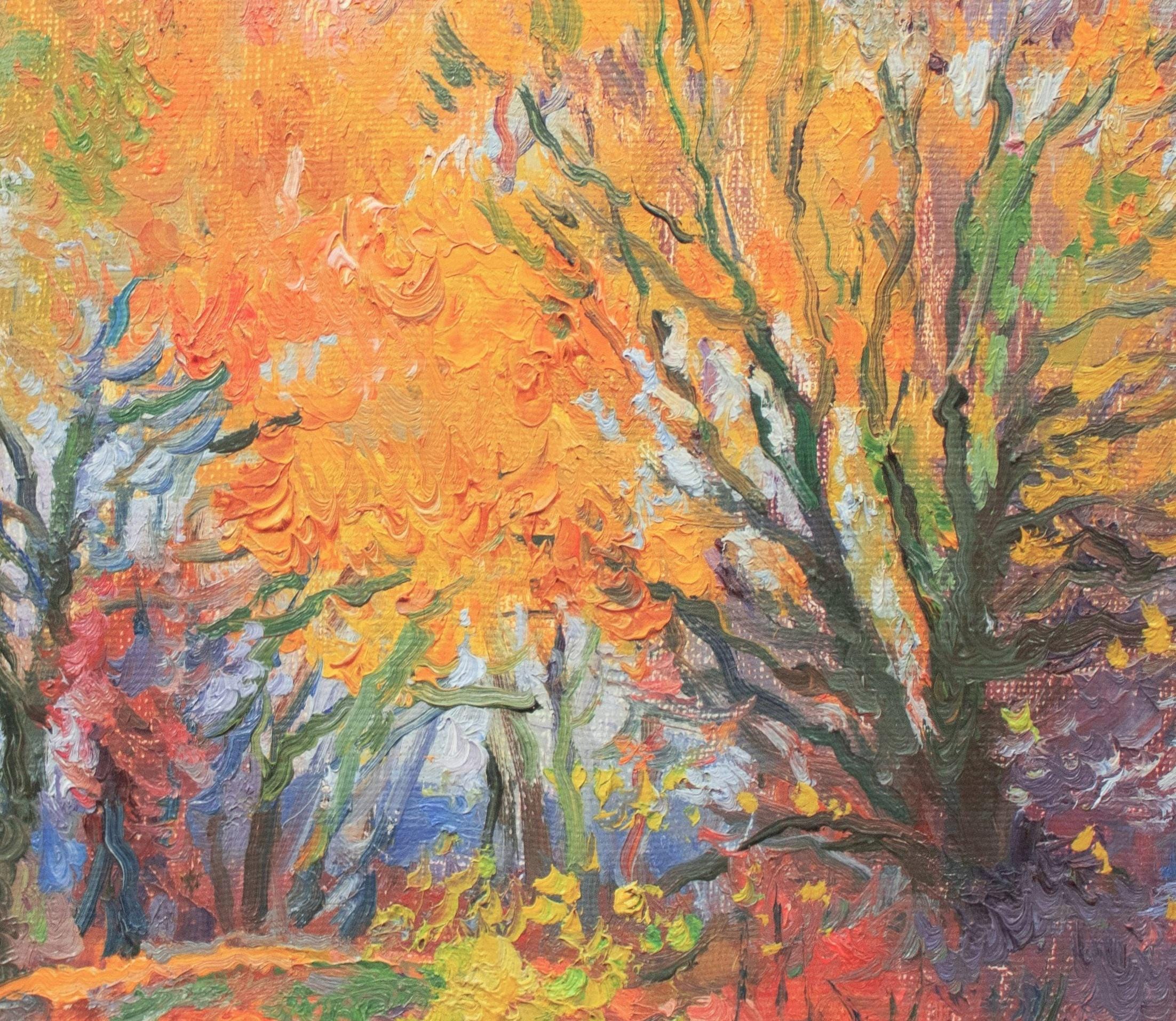 鮮やかな秋の森 – オリジナルヴィンテージ油絵 – 印象派の風景画