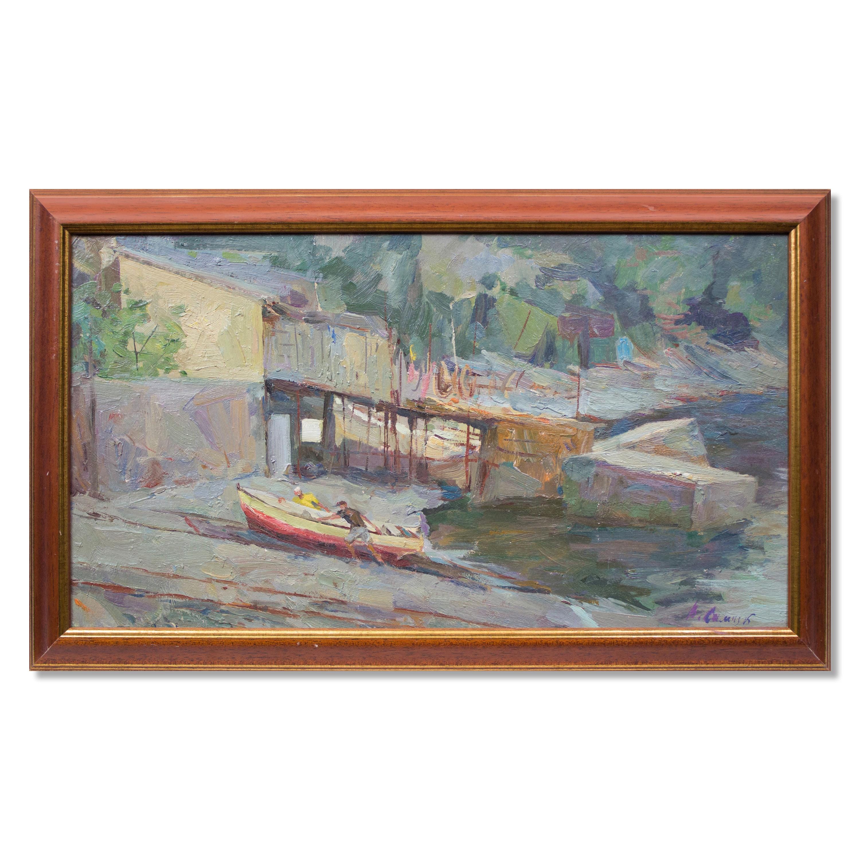 Arte original de río vintage / Pintura de Vasil Samchuk / Óleo de paisaje ucraniano sobre cartón / Barco en tierra