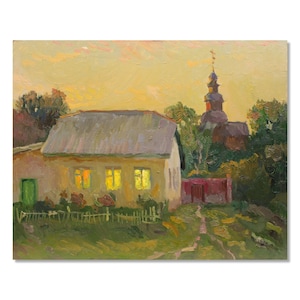 Casa de campo encantadora à noite | Pintura a óleo vintage de Mynka Olexandr | Arte ucraniana