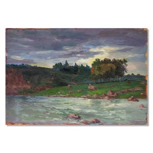 Vintage River Art - Pintura a óleo sobre papelão de poeta ucraniano - Cena rural antes da chuva