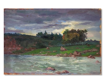 Arte de río vintage: pintura al óleo sobre cartón de un poeta ucraniano: escena rural antes de la lluvia