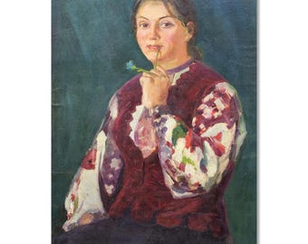 Rare Original Vintage Oil Woman Portrait by Rudenko Volodymyr - Ukrainian Beauty in Traditional Dress
