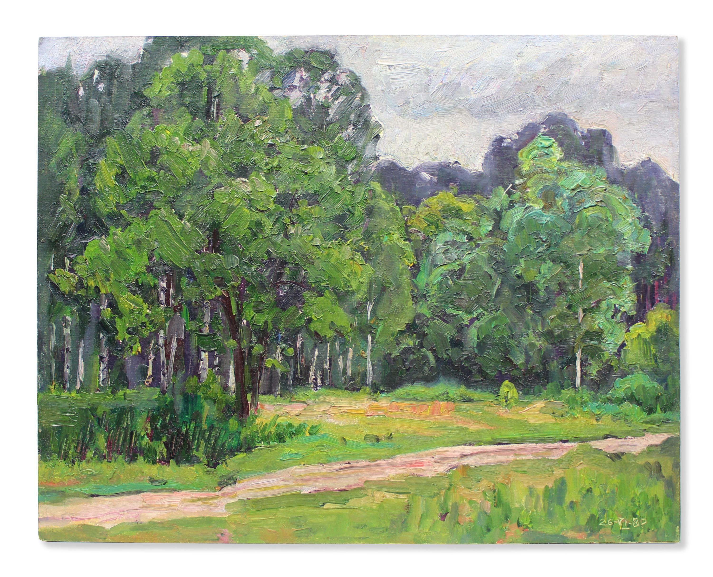 森の小道のオリジナルヴィンテージ油絵 - 夏の森の風景、緑の木々の